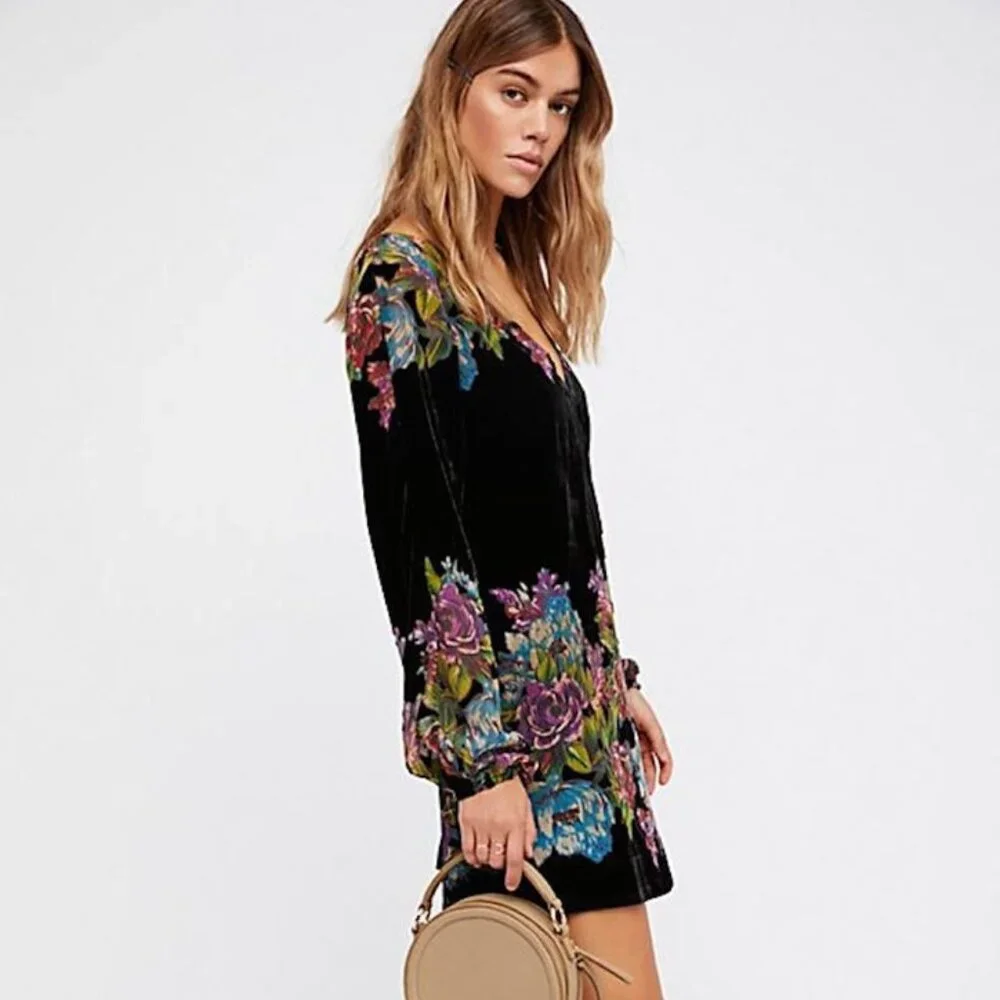 NWOT Free People Misha Burnout Velvet Floral Mini Dress Black Combo